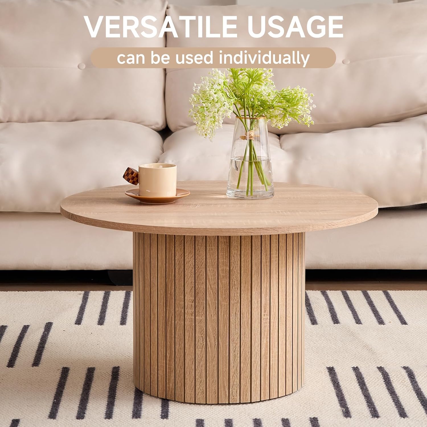 Round Coffee Tables Set of 2, Circle Modern Small Wood Side Table with Fluted Style Drum Base for Living Room Bedroom Balcony Office, Natural