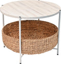happimess SAT2000C Carly 24.21' Modern Coastal Round Acacia Wood/Water Hyacinth Coffee Table with Storage Basket, Table for Living Room and Bedroom, Natural/White