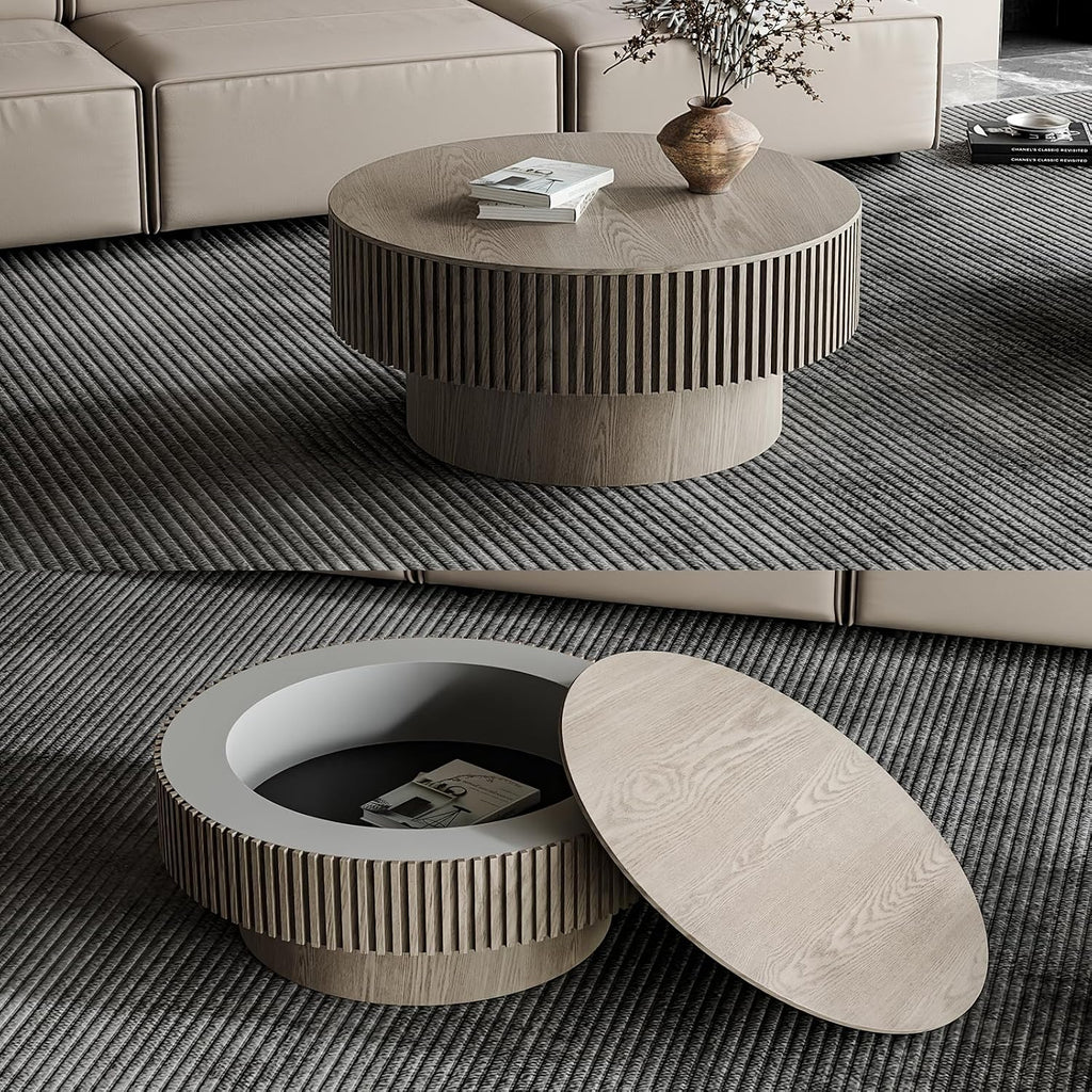 31.5' Round Coffee Table with Hidden Storage Compartment, Modern Handcraft Fluted Drum Coffee Table, Wooden Circle Center Table Cocktail Tea Table with Sturdy Pedestal for Living Room, Grey