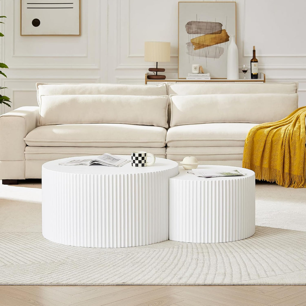 Nesting Coffee Table Set of 2, Modern Round Coffee Table End Table Set for Living Room, Wood Circle Drum Side Table,White
