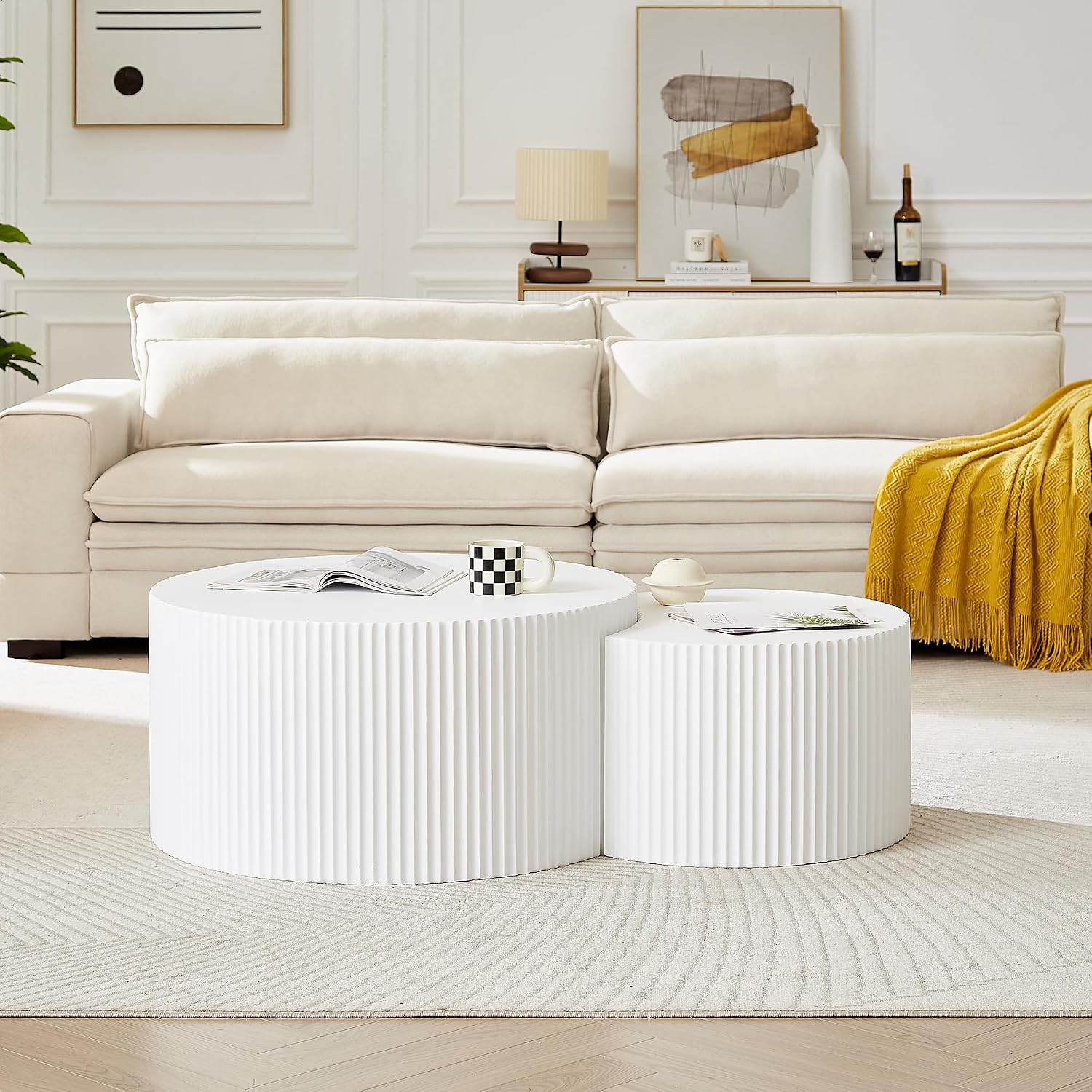 Nesting Coffee Table Set of 2, Modern Round Coffee Table End Table Set for Living Room, Wood Circle Drum Side Table,White