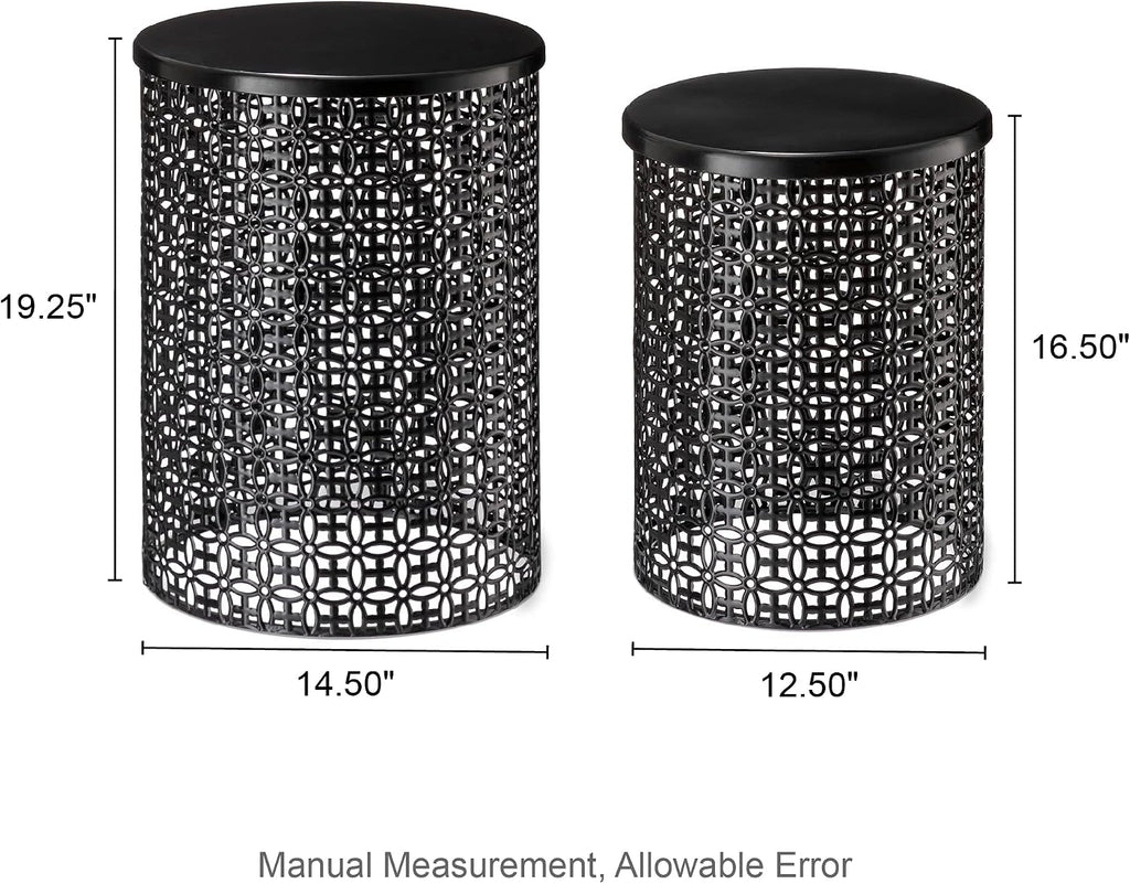 Glitzhome Accent Tables Living Room Set of 2, Round Metal Side End Table, Small Circle Coffee Bedside Table, Planter Stand for Couch Nightstand Bedroom Patio Backyard, Glossy Black