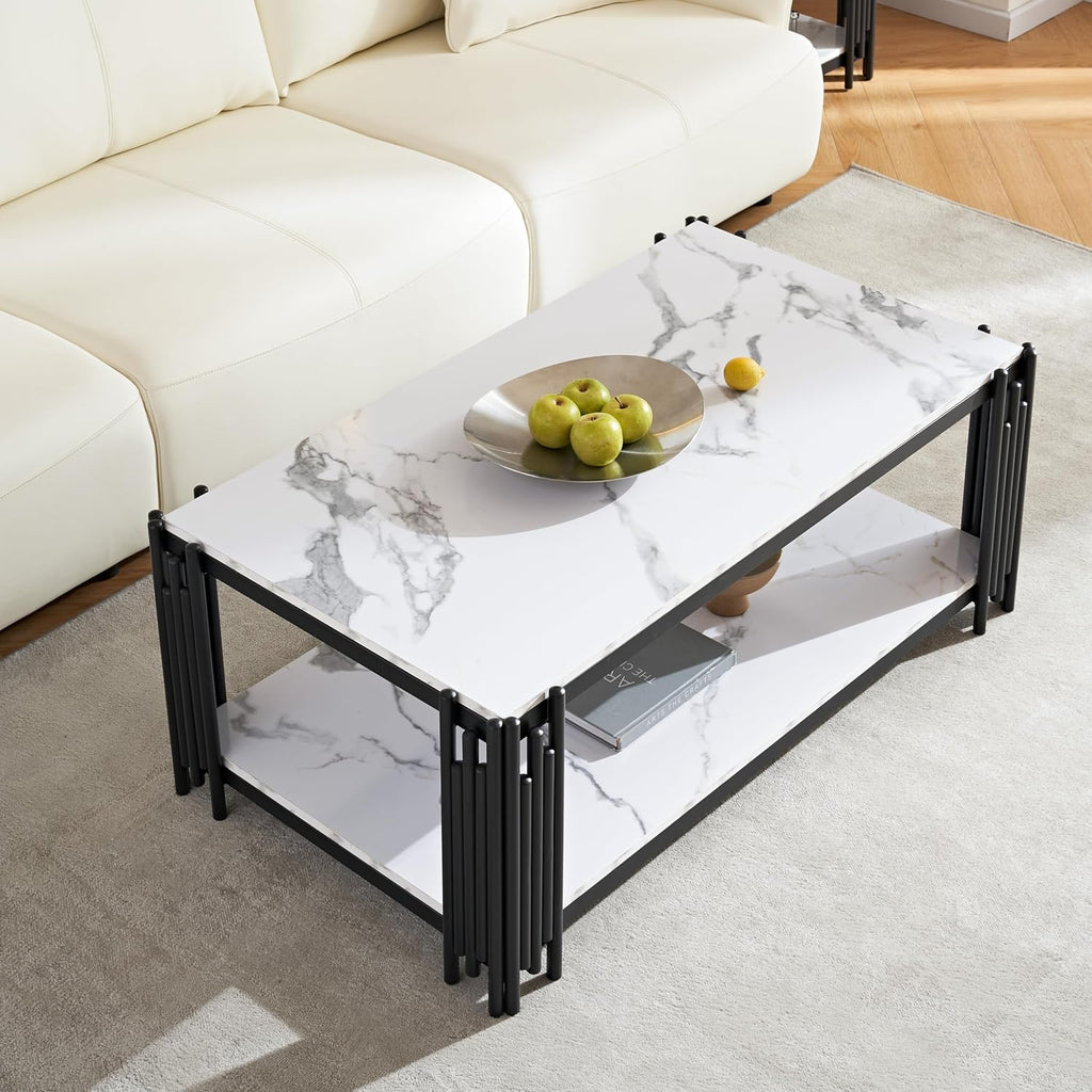 48' Rectangle White Marble Coffee Table Luxury 2-Tier Center Coffee Table with Black Metal Frame Modern Living Room Table Elegant Accent Cocktail Tea Table with Storage Shelves