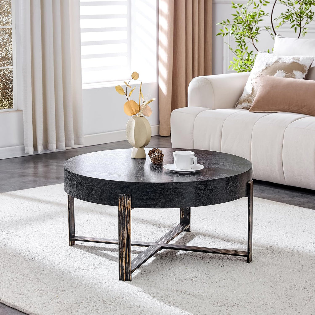 Round Coffee Table, 30.7' Modern Coffee Tables for Living Room, Circular Wooden Center Tea Table with Metal Legs for Apartment Office Small Space, Black