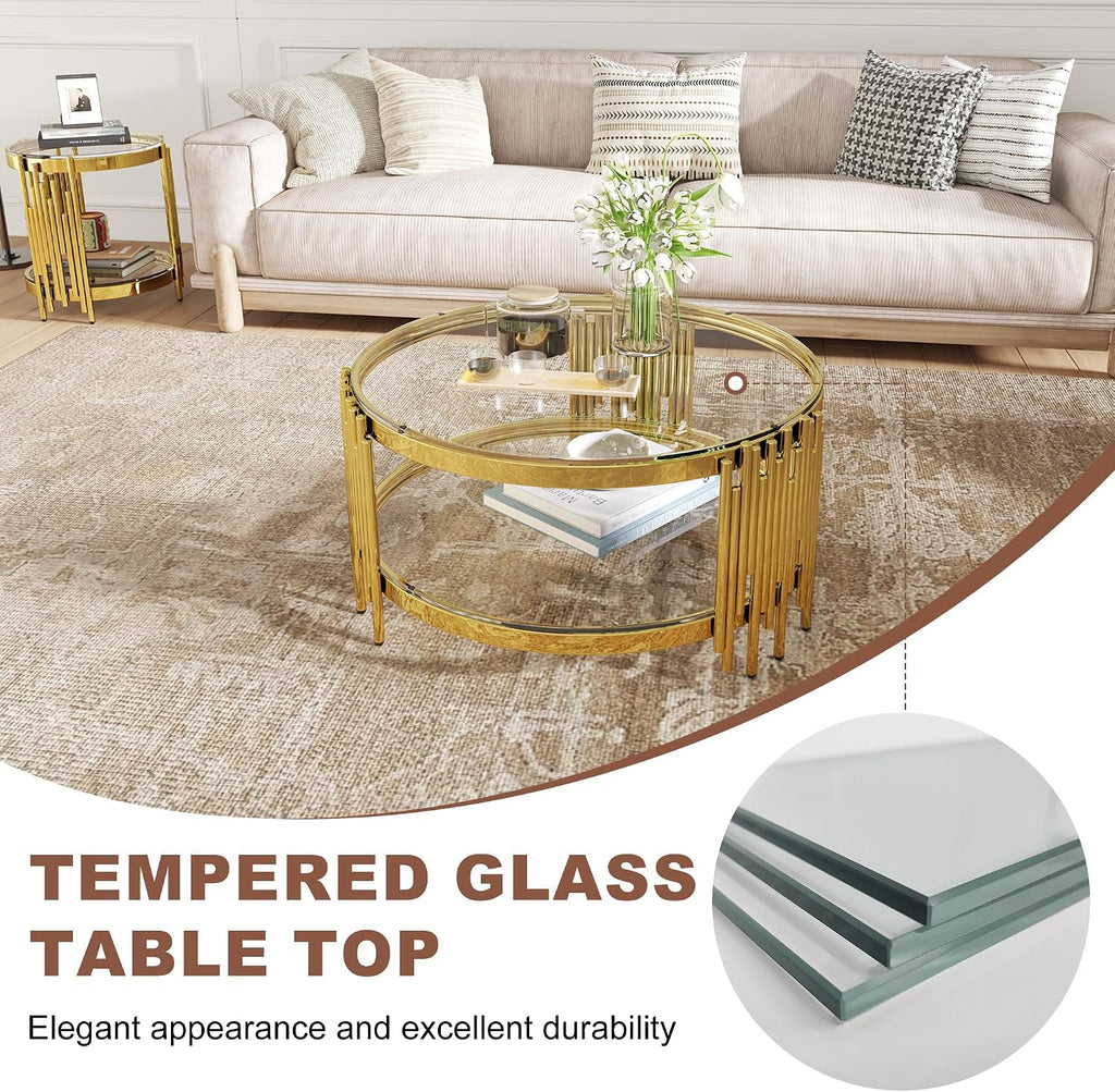 2-Tier Glass Coffee Table for Living Room, 35 inch Round Center Table with Tempered Glass Top and Stainless Steel Frame for Apartment, Home, Easy Assembly, Gold/Clear
