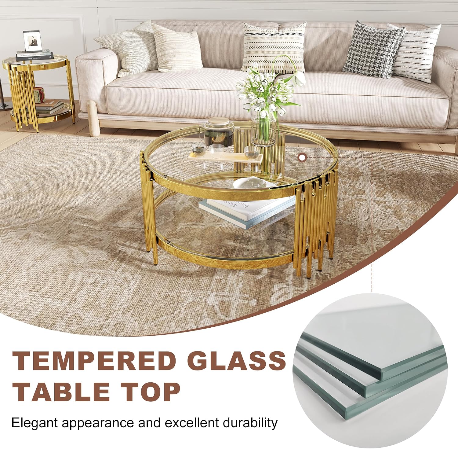 2-Tier Glass Coffee Table for Living Room, 35 inch Round Center Table with Tempered Glass Top and Stainless Steel Frame for Apartment, Home, Easy Assembly, Gold/Clear