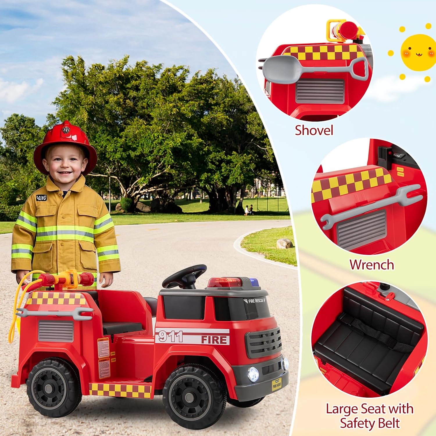 HONEY JOY Ride On Fire Truck, 12V Battery Powered Electric Car for Kids, Water Tank, Loudspeaker, Shovel, Music, Siren & Light, Firetruck Ride On Toy, Ride On Car w/Remote Control (Fire Truck)