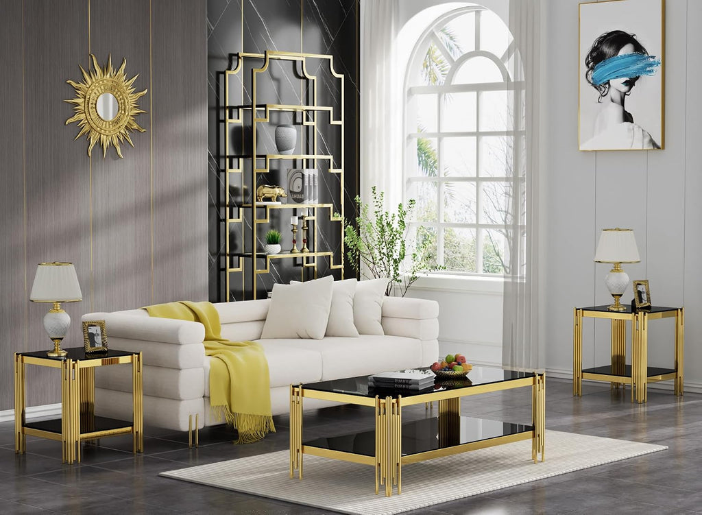 Modern Glass Coffee Table Set of 3, Luxury 2-Tier Black Glass Coffee Table and 2 End Table Set w/Gold Stainless Steel Frame, 3 Piece Living Room Table Set for Apartment Office