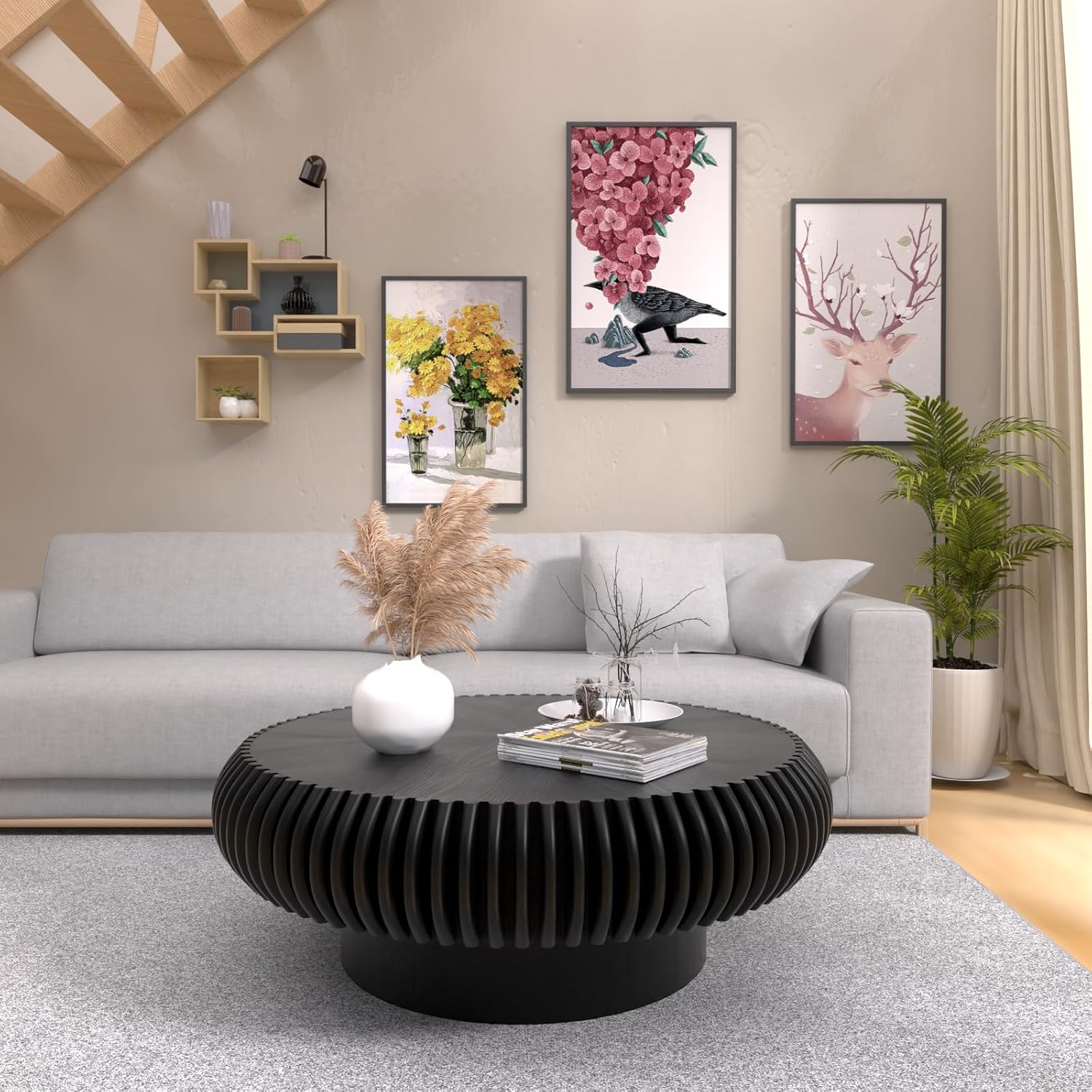 Round Coffee Table for Living Room Modern Black Fluted Coffee Table Round Drum Coffee Tables Low Circle Pedestal Center Table for Small Spaces (A Black, 31.4 in)