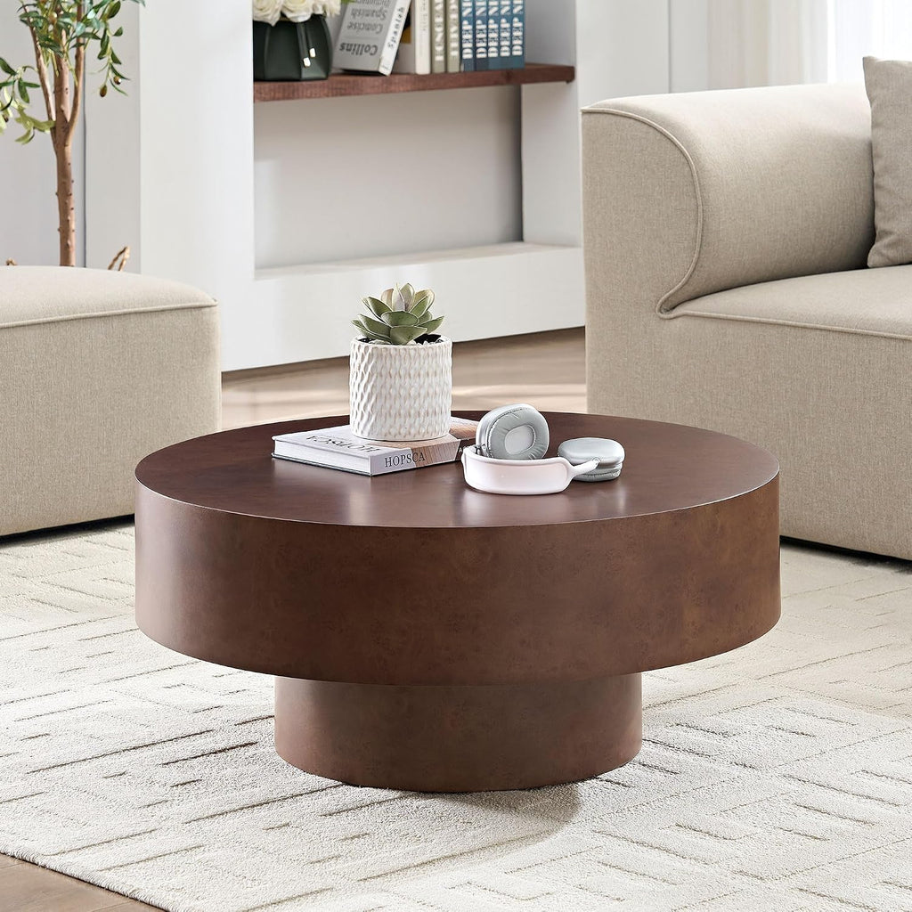 Round Coffee Table, 31.49' Faux Burl Wood Pattern Center Table with Sturdy Pedestal for Living Room Apartment Office, Walnut