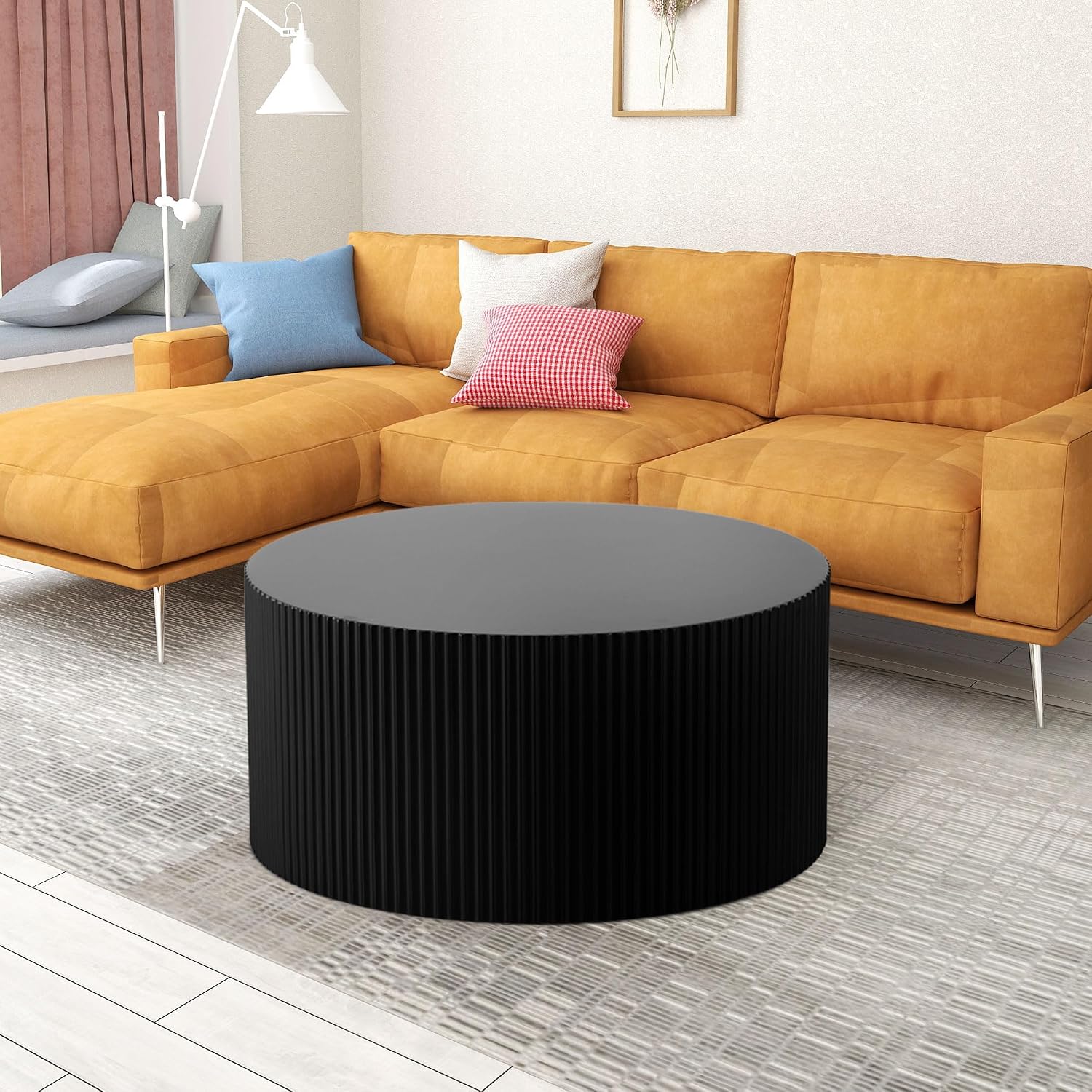 Black Round Coffee Table, Modern Nesting Coffee Table End Table Set for Living Room, Wood Circle Drum Side Table, Matte Black