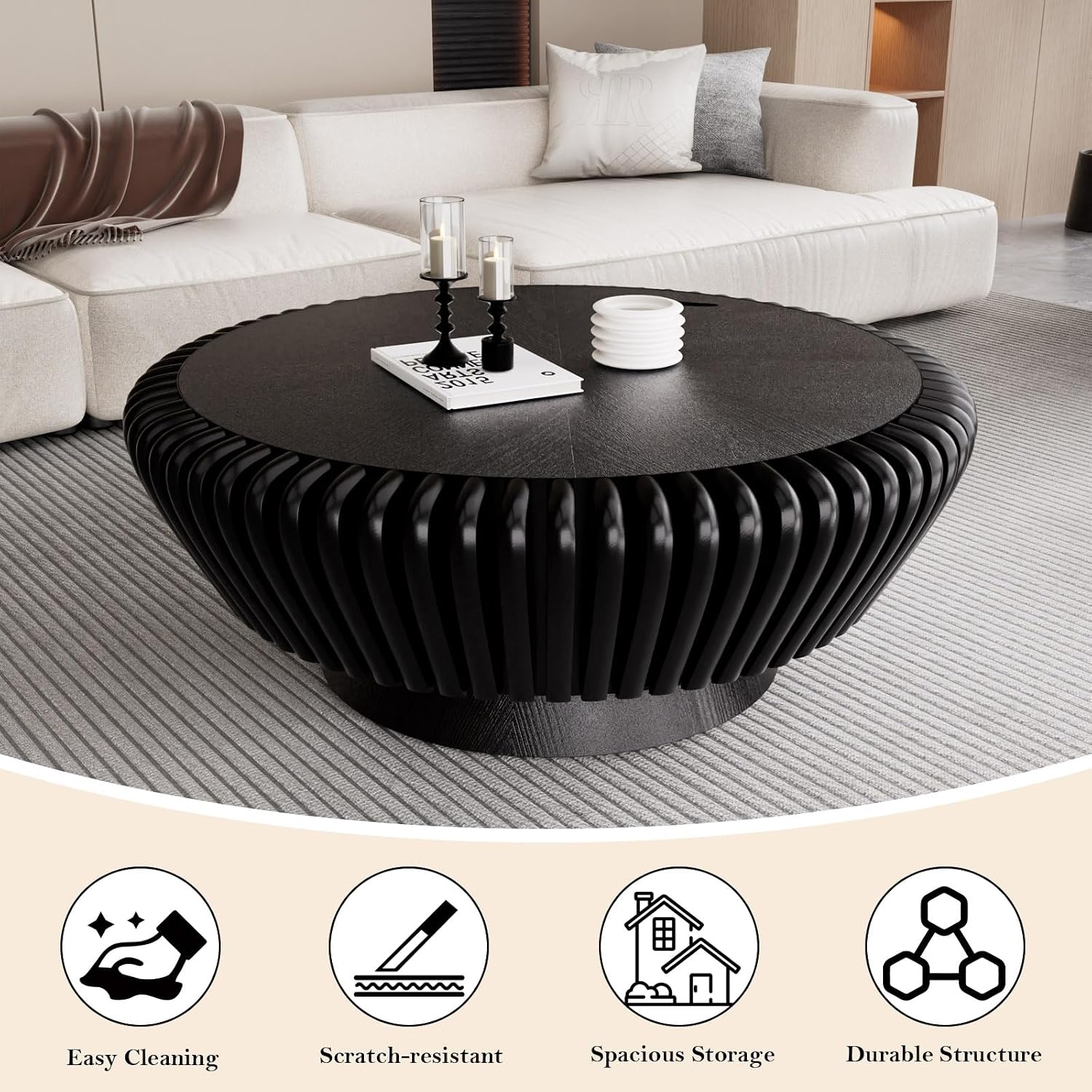 35.4' Fluted Coffee Table with Storage Rustic Chic Circle Drum Center Tables - Handcraft Solid Wood Fluted Veneer for Living Room (L Black 35.4in)