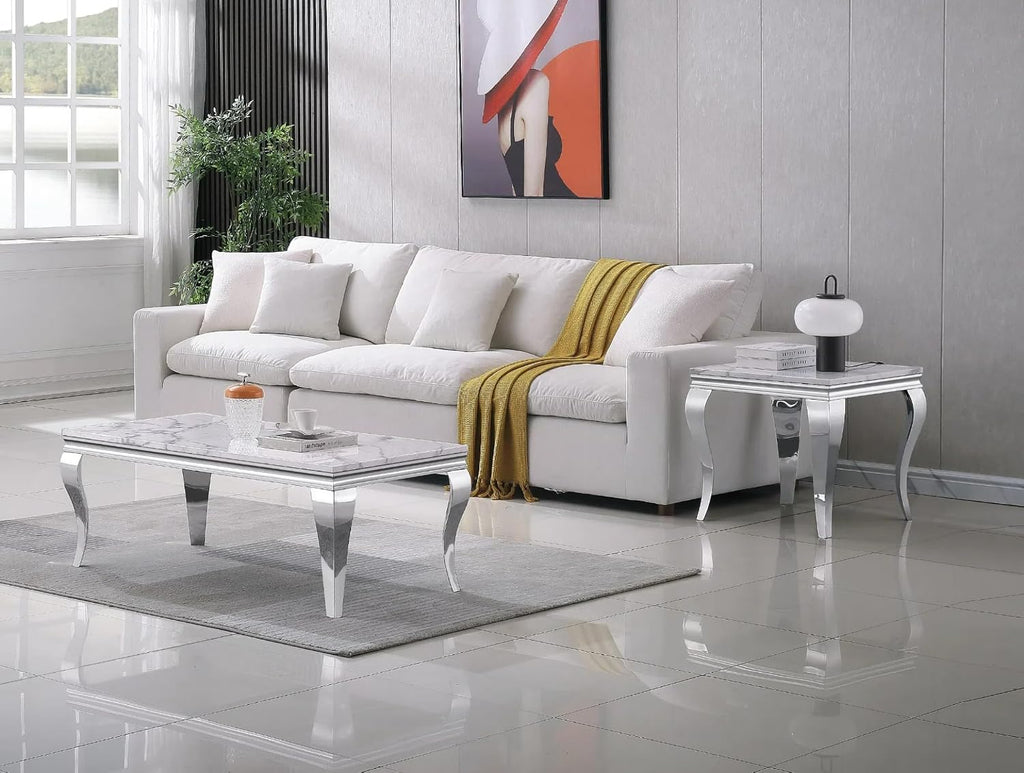 White Marble Coffee Table Set of 2, Modern Faux Marble Coffeee Table and End Side Table, Luxury 2 Piece Living Room Table Set with Silver Stainless Steel S-Shape Legs for Apartment Home Office
