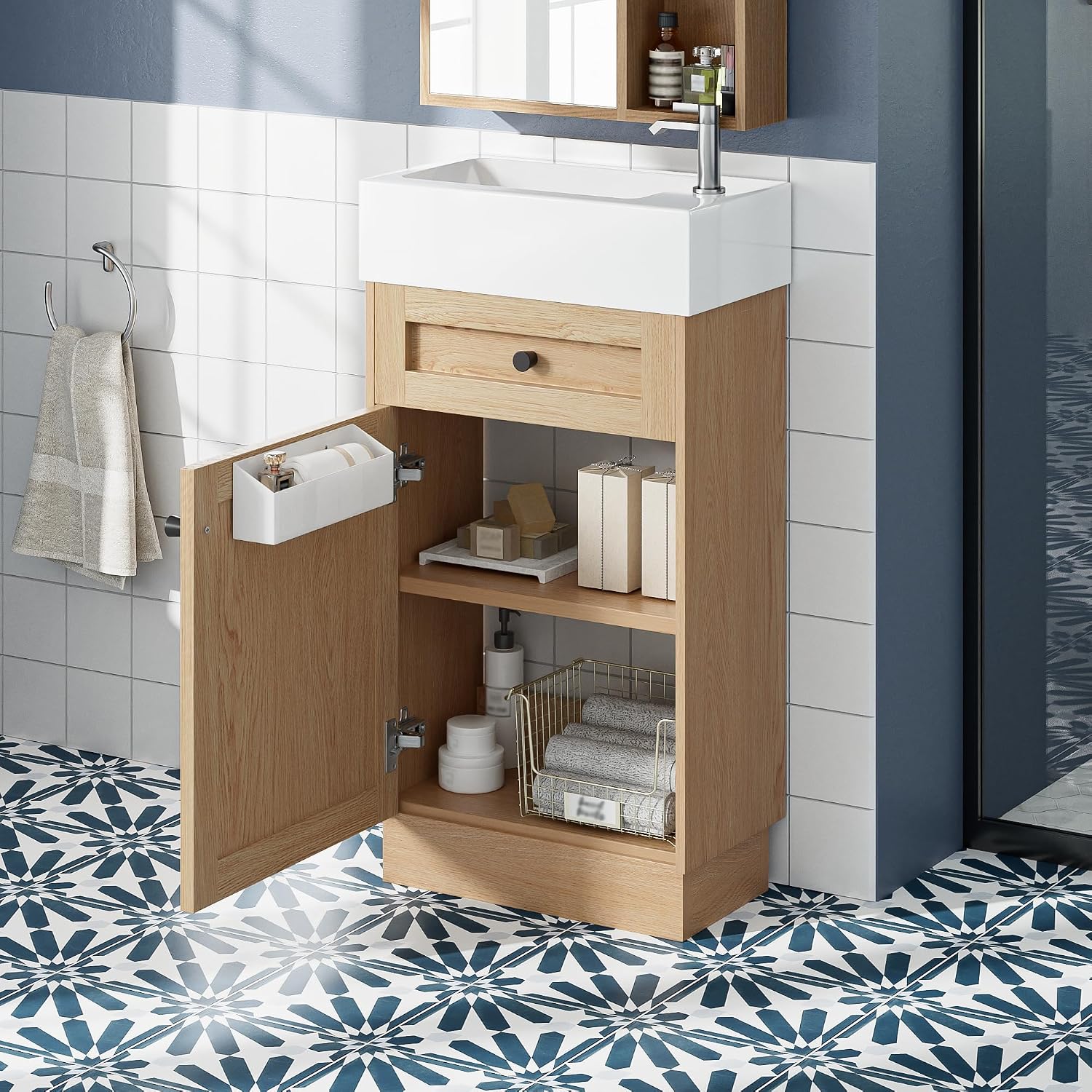 18.5' Bathroom Vanity with Reversible Resin Sink, MDF Cabinet with Adjustable Shelf & Elegant Zinc Alloy Handles, Wood Grain Melamine Finish, Rustic Style for Small Spaces