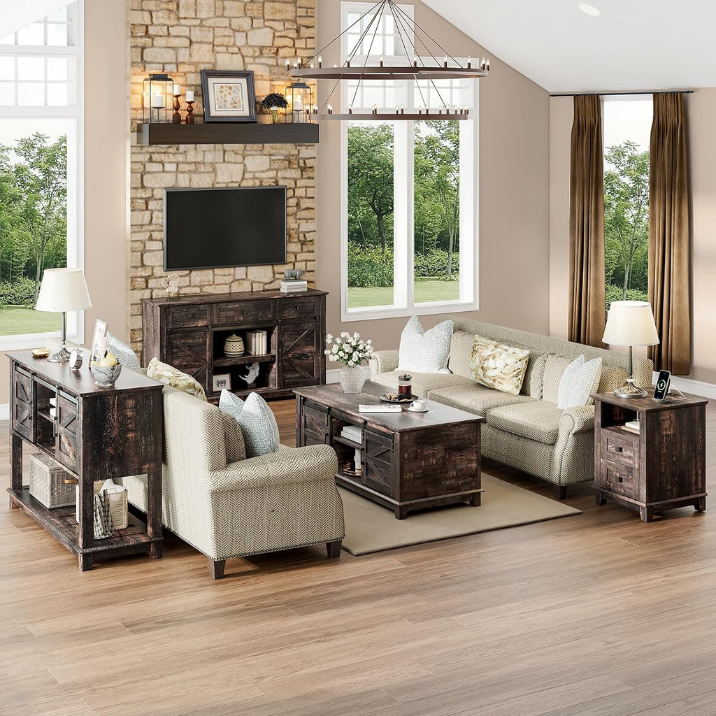 LUXOAK Farmhouse Table Set of 3, Coffee Table with Sliding Barn Doors, End Tables Set of 2 with Charging Station for Living Room & Bedroom, Sliding Barn Doors, 2 Tiers Storage Drawer, Dark Rustic Oak