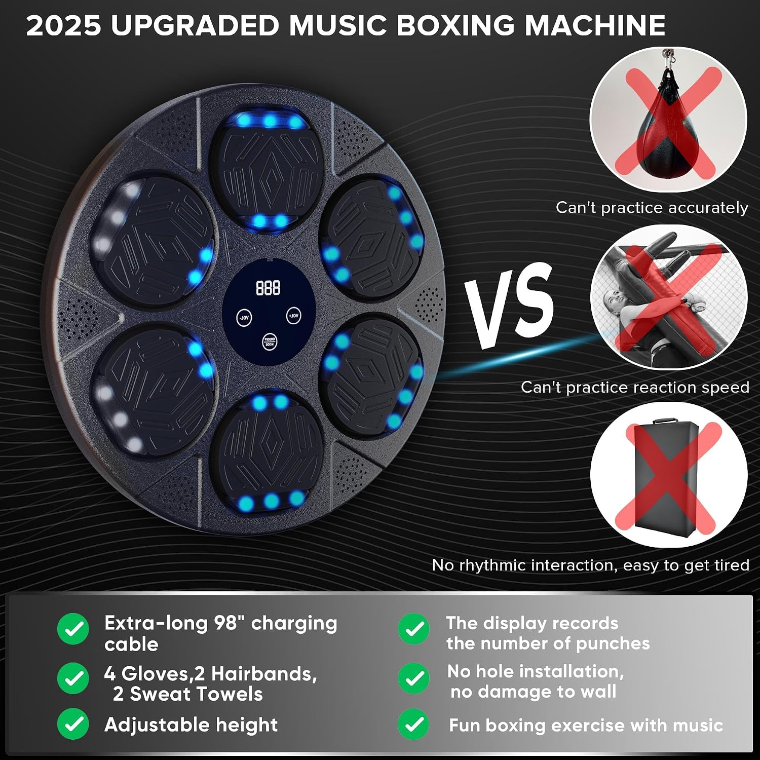 Music Boxing Machine Wall Mounted Smart Boxing Kit with 2 Pairs Gloves | 6 Light-Up Targets, Bluetooth Speaker, Reaction Training, 2 Pairs Gloves, Headbands & Towels Included
