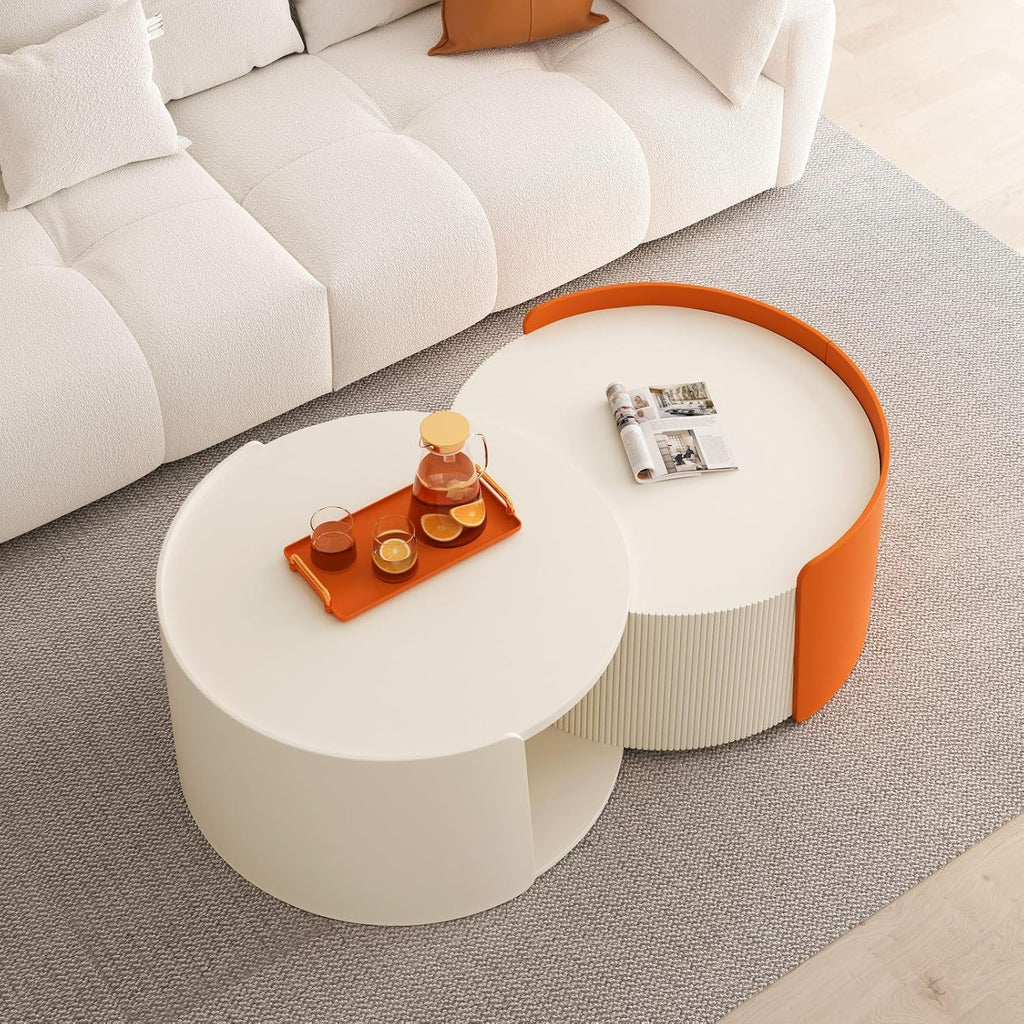 KEVINSPACE Round Coffee Table Mid Century Modern Coffee Table Pull Out Design Farmhouse Coffee Table with Storage Cocktail Table for Living Room Patio Office Abstract End Tables White