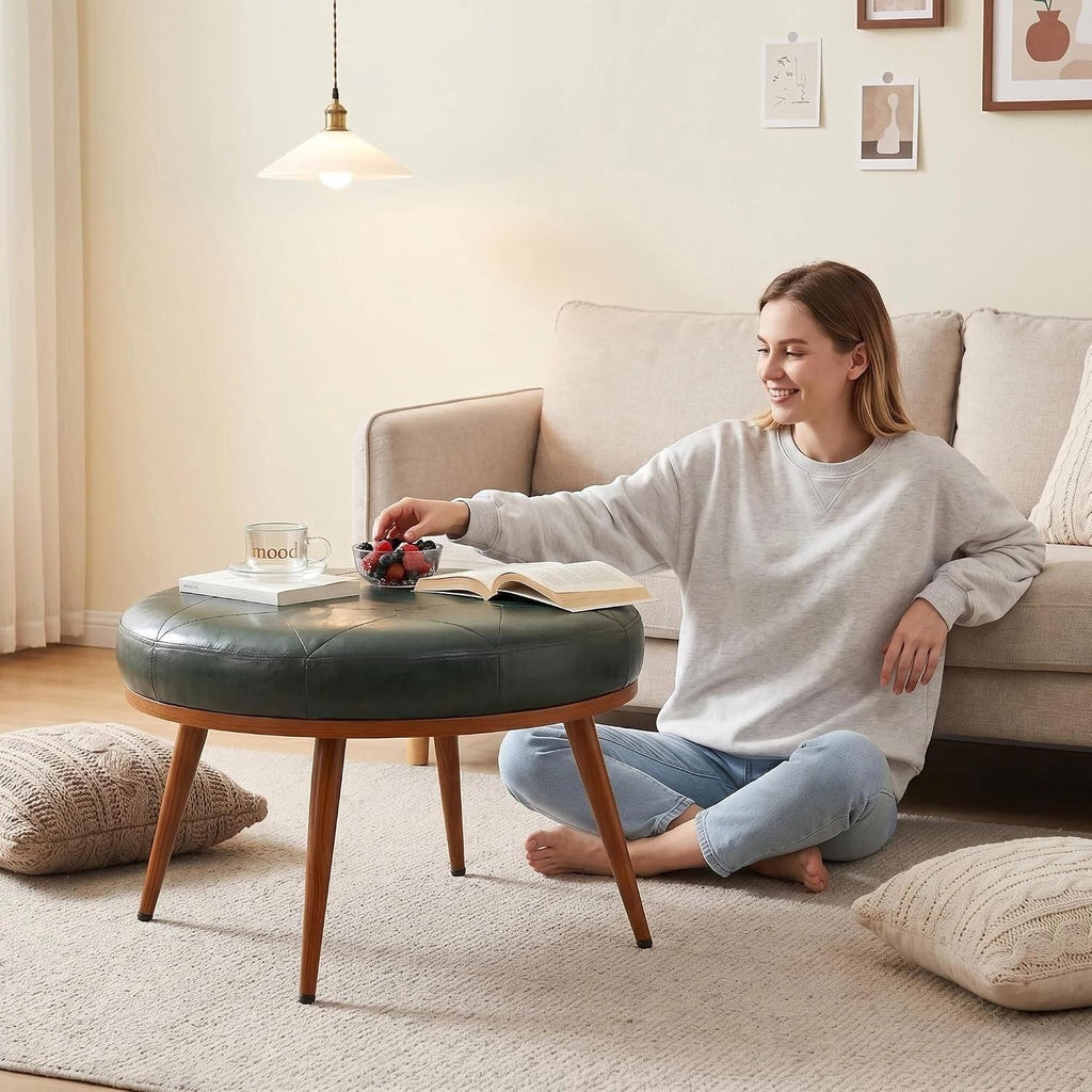 Green Round Ottoman Coffee Table, 24-Inch Faux Leather Cushioned Footstool with Solid Wood Bookshelf & Frame, Multifunctional Storage Ottoman for Living Room, Bedroom