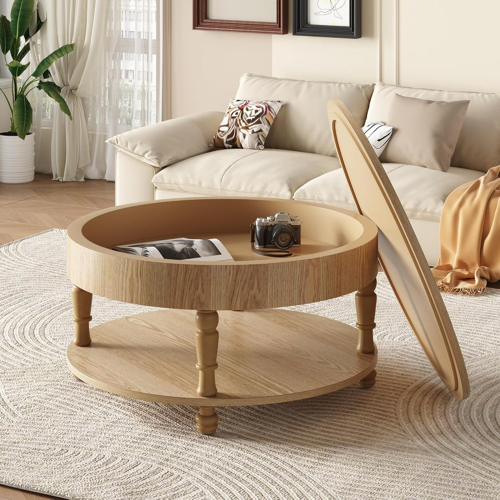 31.5'' Round Coffee Table with Storage Space, 2-Tier Modern Rustic Wood Circle Coffee Table for Living Room, Moveable Table Top & Easy Assembly, Natural