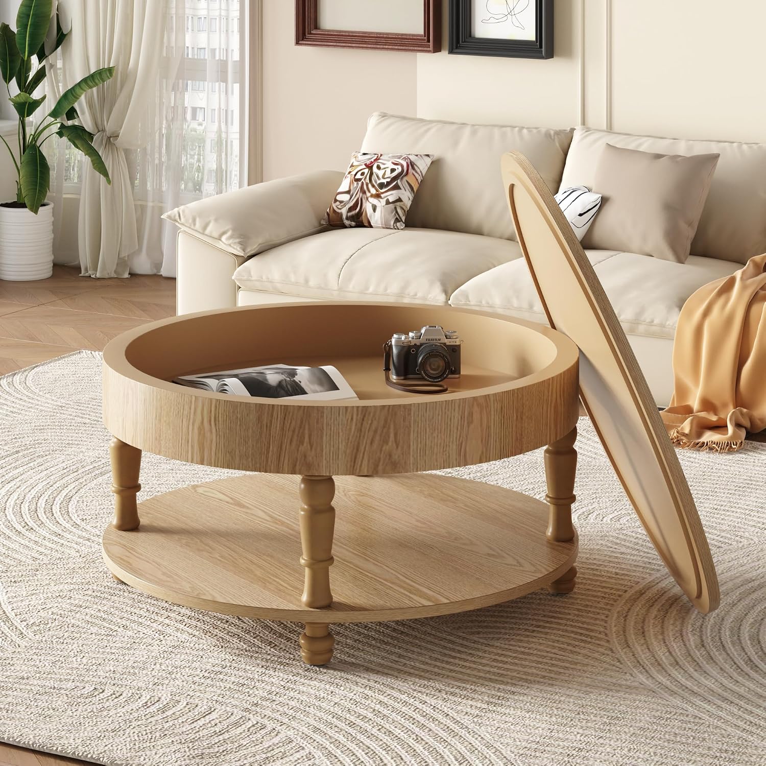 31.5'' Round Coffee Table with Storage Space, 2-Tier Modern Rustic Wood Circle Coffee Table for Living Room, Moveable Table Top & Easy Assembly, Natural
