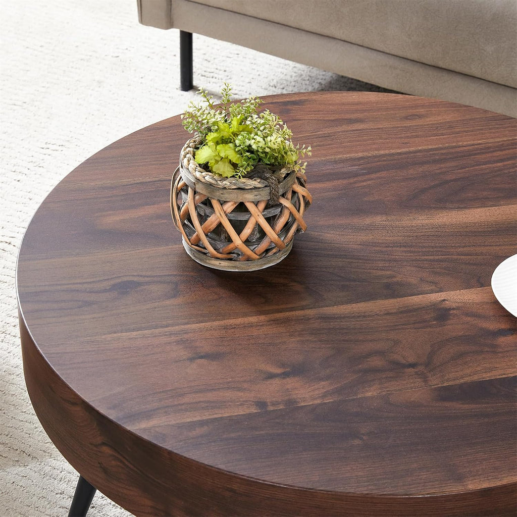 Round Coffee Table, Small Wood Coffee Table with Storage, Modern Mid Century Circle Tables Accent Center Tables for Living Room Apartment Small Space (31.5''D-Walnut)