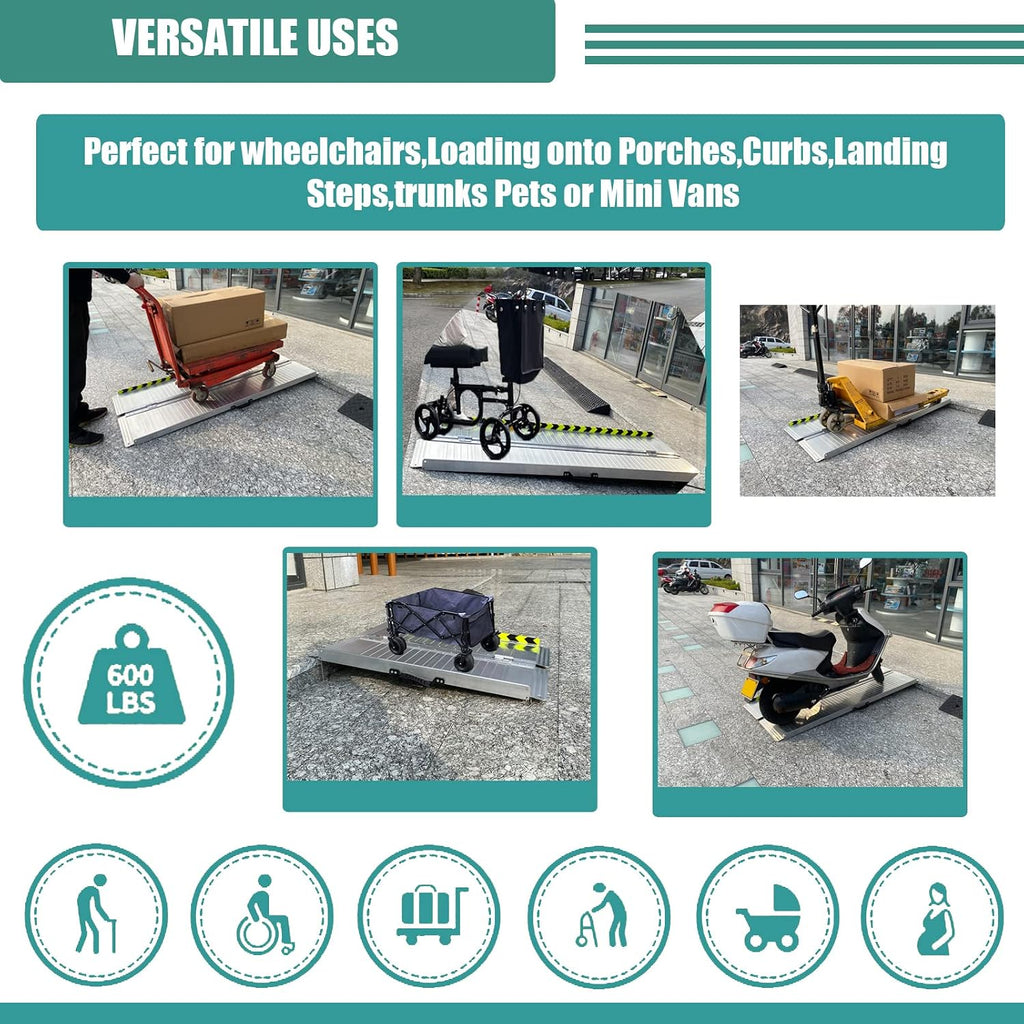 Non-Skid Folding Portable Wheelchair Ramp for Home Steps Stairs Doorways Scooter Lawn Mower, Handicap Ramp, Threshold ramp, Moving ramp (Single, 4 Foot)