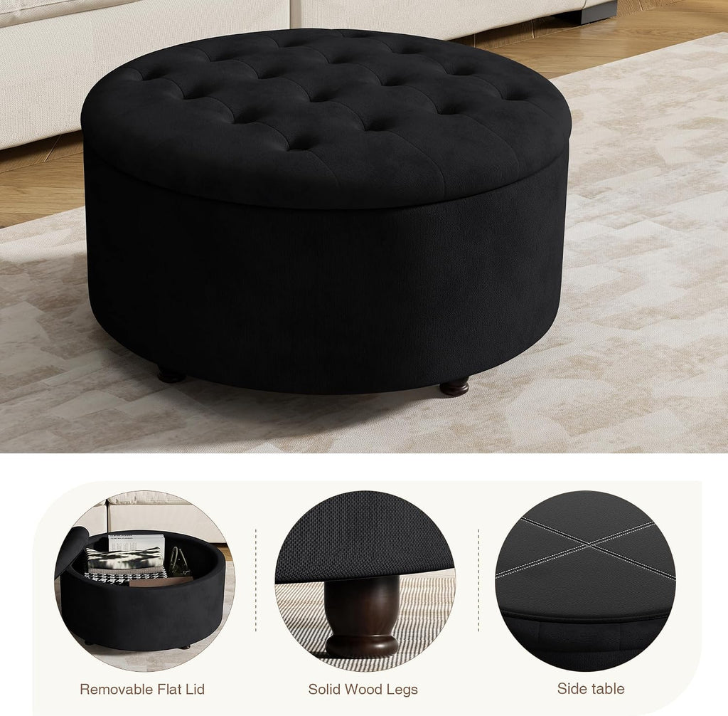 30 Inch Round Storage Ottoman,Modern Tufted Ottomans,Circular Coffee Table with Removable Top,Upholstered Large Ottoman with Storage Footrest Stool for Bedroom Living Room (Black)