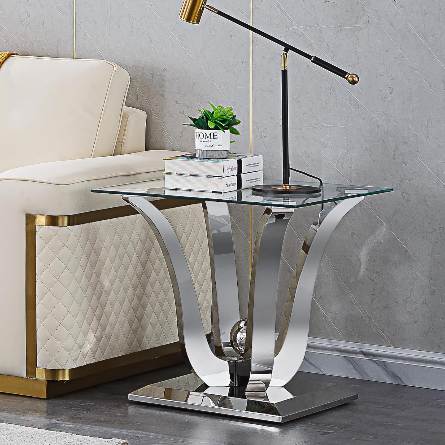 Modern Silver Glass End Table, Sqaure Sofa Side Table with Tempered Glass Top & Silver Stainless Steel Frame, Luxury Glass Accent End Table Bedside Table Nightstand for Living Room Bedroom