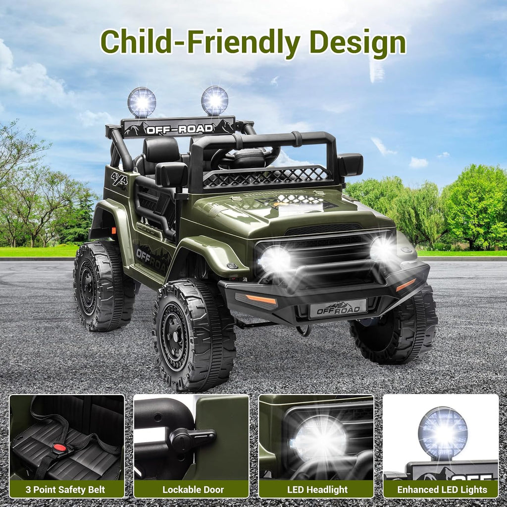 SEHOMY 12V Kids Ride On Truck with Parent Remote, 4 Wheels Battery Powered Electric Car for Kids Toys - 3 Speed, Spring Suspension, LED Lights, Safety Start, Music, Kids Electric Vehicles Dark Green