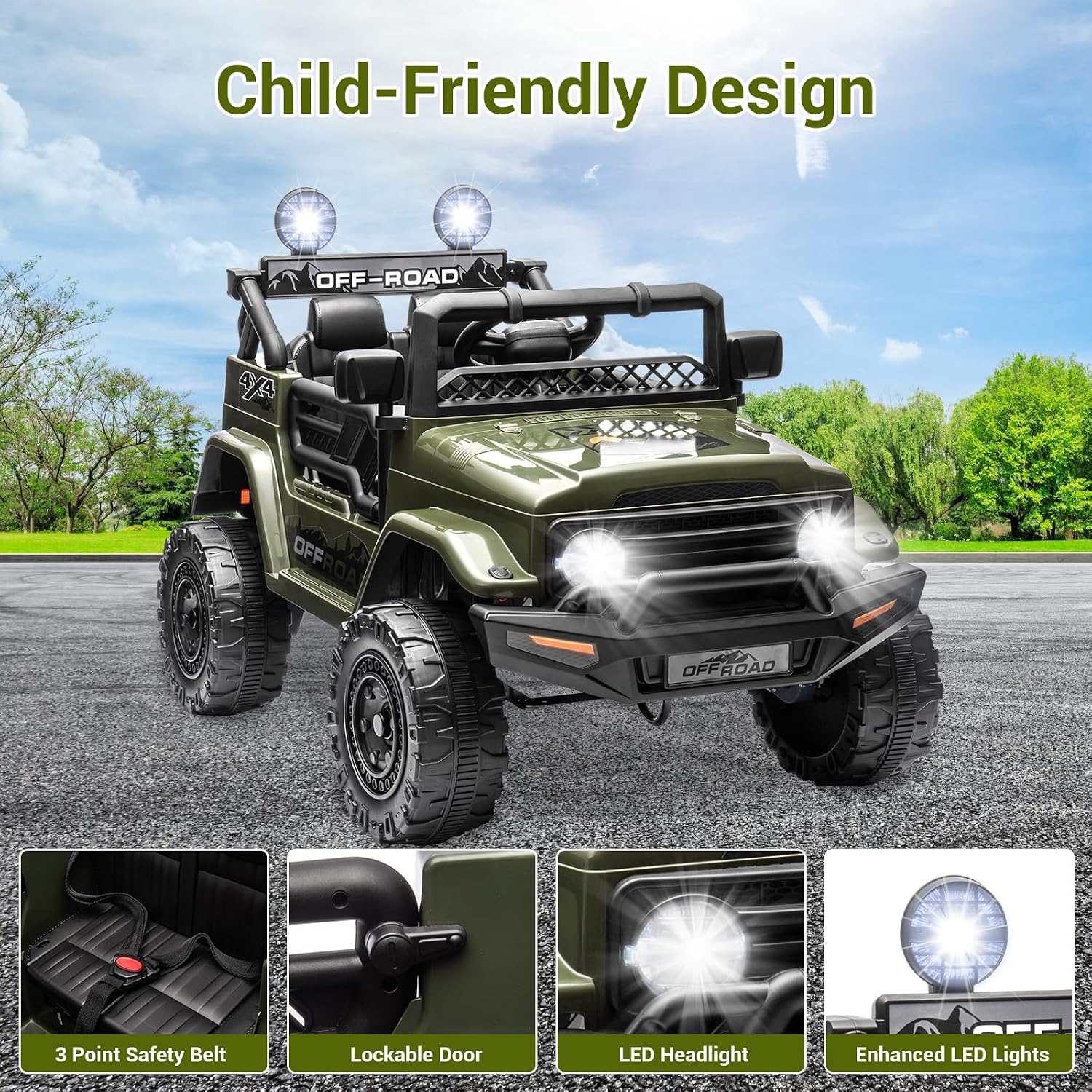 SEHOMY 12V Kids Ride On Truck with Parent Remote, 4 Wheels Battery Powered Electric Car for Kids Toys - 3 Speed, Spring Suspension, LED Lights, Safety Start, Music, Kids Electric Vehicles Dark Green