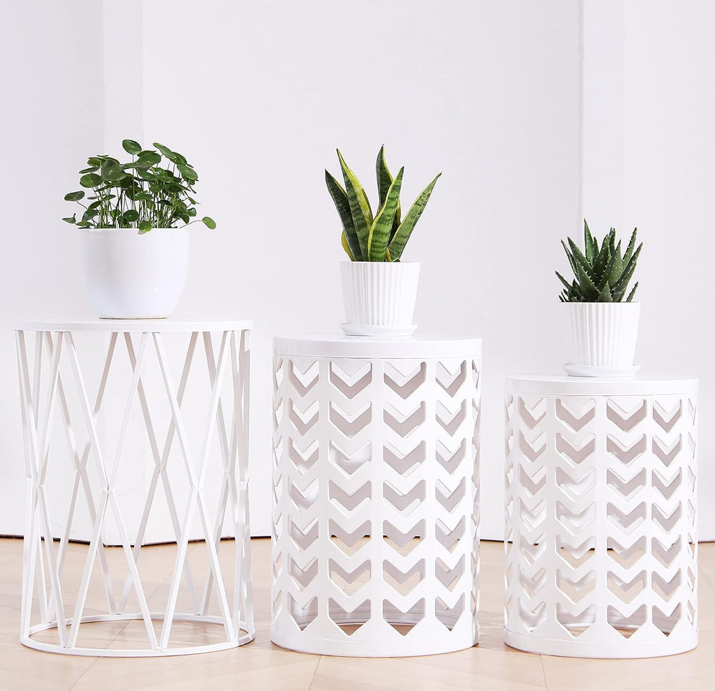 HFHOME Nesting Coffee Tables Set of 3, Industrial Metal Stacking Accent Side Tables Circle Table for Small Space, Living Room, Apartment, Bedroom Indoor - White