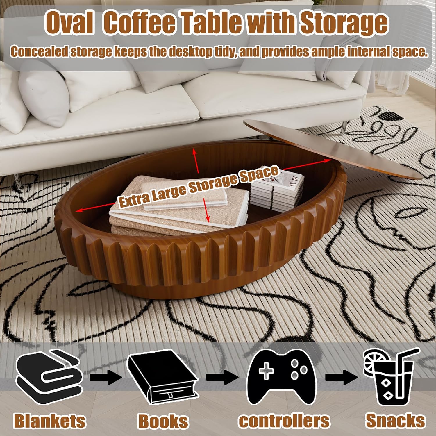 43.3' Oval Drum Coffee Table with Hidden Storage, Modern Fluted Coffee Tables with Solid Wood Veneer, Wooden Center Table for Living Room, Bedroom, Apartment, Easy Assembly