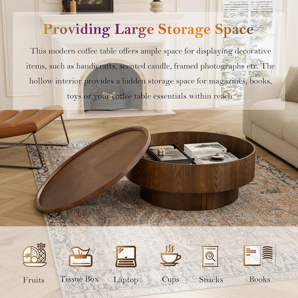 Round Coffee Table with Covert Storages Spaces 30.7' Modern Circle Center Table - Solid Wood Veneered for Living Room Study Balcony (B)