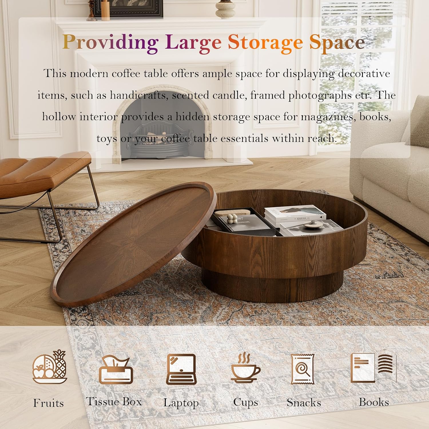 Round Coffee Table with Covert Storages Spaces 30.7' Modern Circle Center Table - Solid Wood Veneered for Living Room Study Balcony (B)