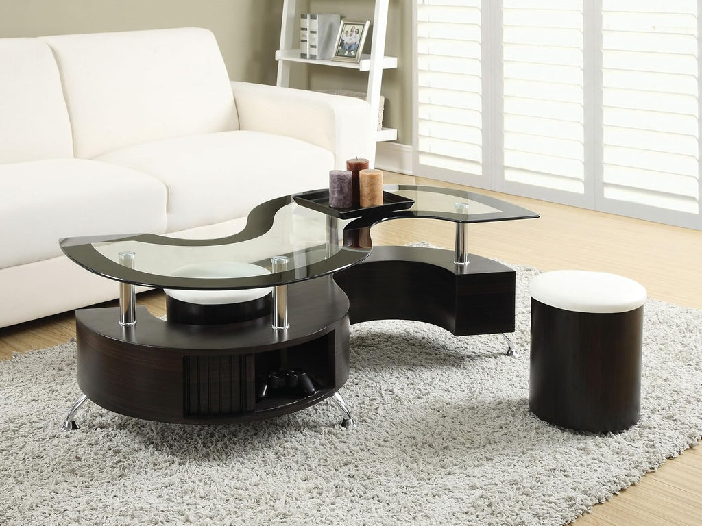 Coaster Home Furnishings - Buckley - Wood and Glass - 3-Piece Coffee Table and Stools Set - Serpentine Shape, Tempered Glass Top, Upholstered Stools - Living Room - 51-Inch - Cappuccino - 720218