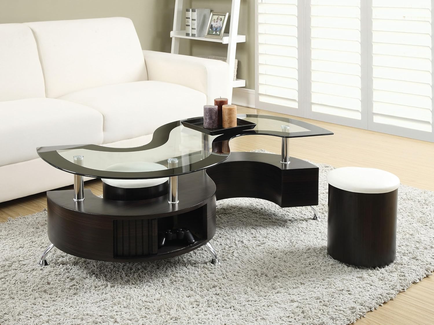 Coaster Home Furnishings - Buckley - Wood and Glass - 3-Piece Coffee Table and Stools Set - Serpentine Shape, Tempered Glass Top, Upholstered Stools - Living Room - 51-Inch - Cappuccino - 720218