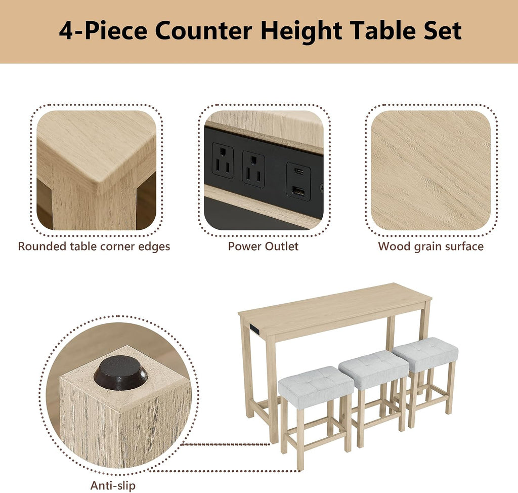 Merax 59 inch Bar Table Set with Power Outlet & Charging Hub, Industrial Solid Wood High Top Table with 3 Linen Upholstered Stools for Kitchen, Living Room, Dining Room,Light Oak+Linen Grey