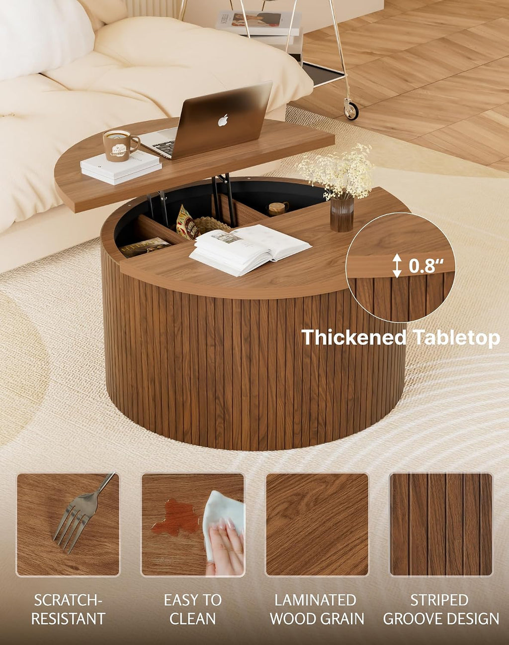 Fluted Round Lift Top Coffee Table with Storage, 31.5' Walnut Small Circle Wood Center Table for Living Room, Small Space