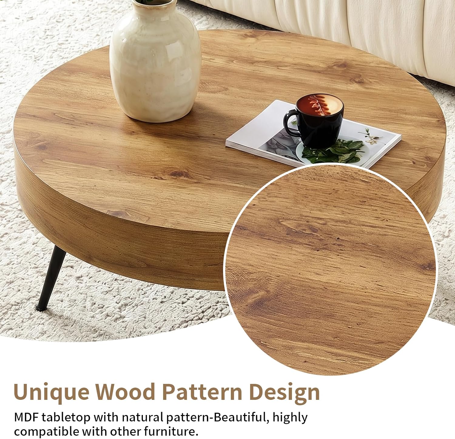 Round Coffee Table, Small Wood Coffee Table with Storage, Modern Mid Century Circle Tables Accent Center Tables for Living Room Apartment Small Space (31.5''D-Brown)