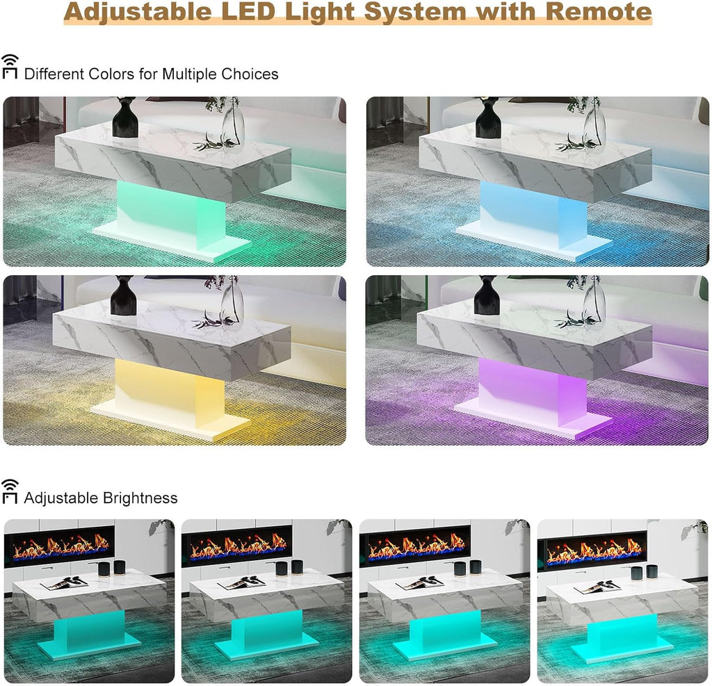 HedoAjim Led Coffee Table for Living Room, Living Room Table Rectangular Center Table, Modern High Glossy Wooden Coffee Tables with 16 Colors LED Lights for Dining Reception Room, White Marble