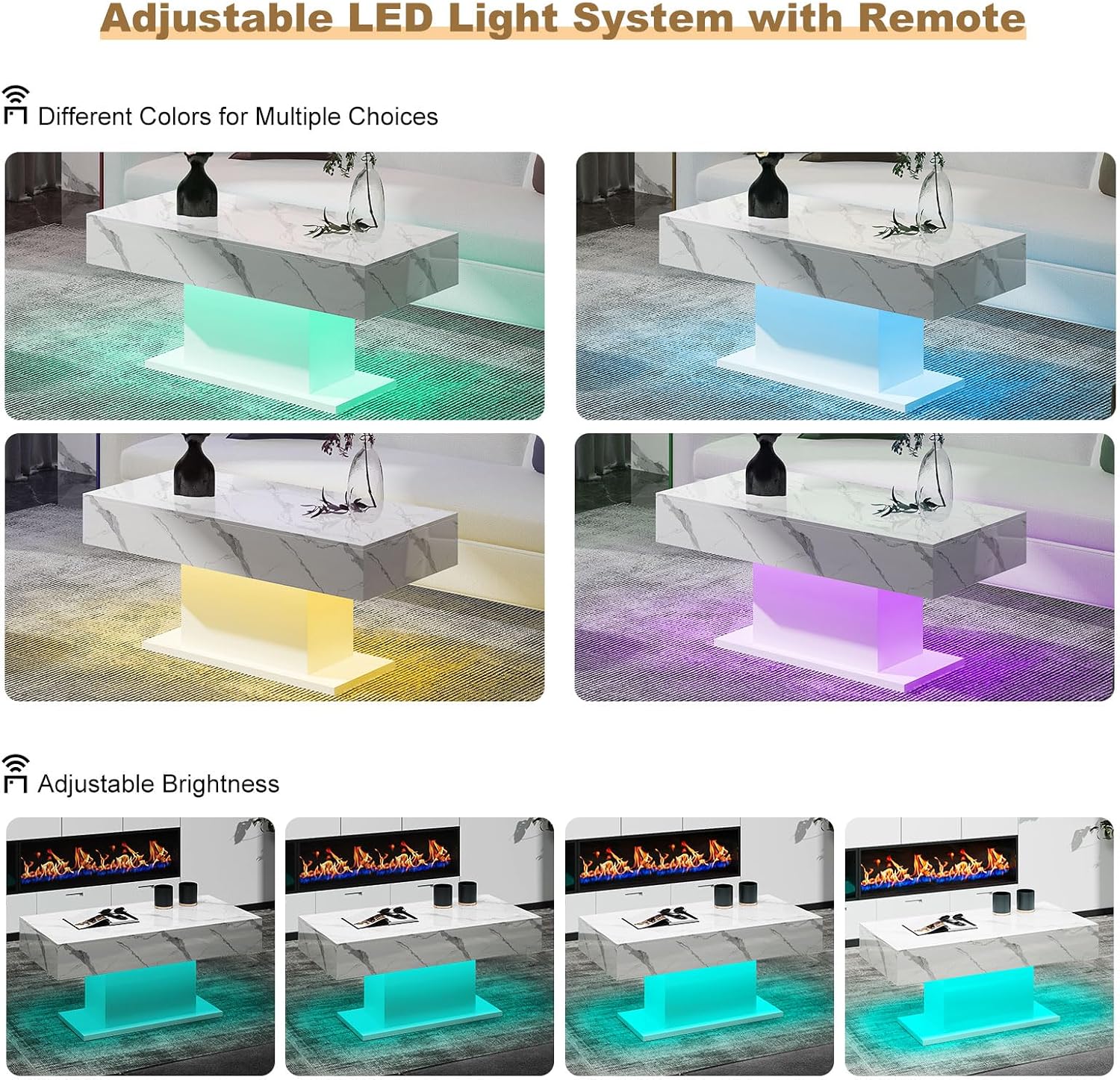 HedoAjim Led Coffee Table for Living Room, Living Room Table Rectangular Center Table, Modern High Glossy Wooden Coffee Tables with 16 Colors LED Lights for Dining Reception Room, White Marble