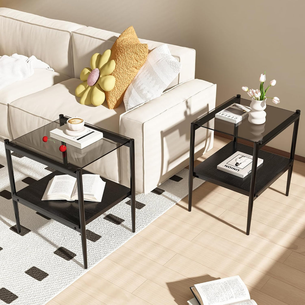 Grey Glass Coffee Table Sets of 3 Modern Living Room Table Set End Tables with Black Metal Legs and Wood Bottom Shelf, Center Cocktail Furniture (Grey Black)