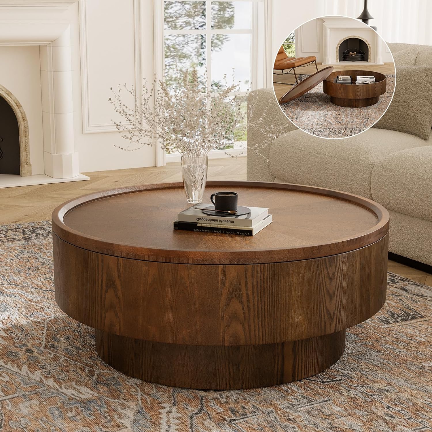 Round Drum Coffee Table White Fluted Coffee Table Circle Center Table Pedestal End Table for Apartment (Brown Round)