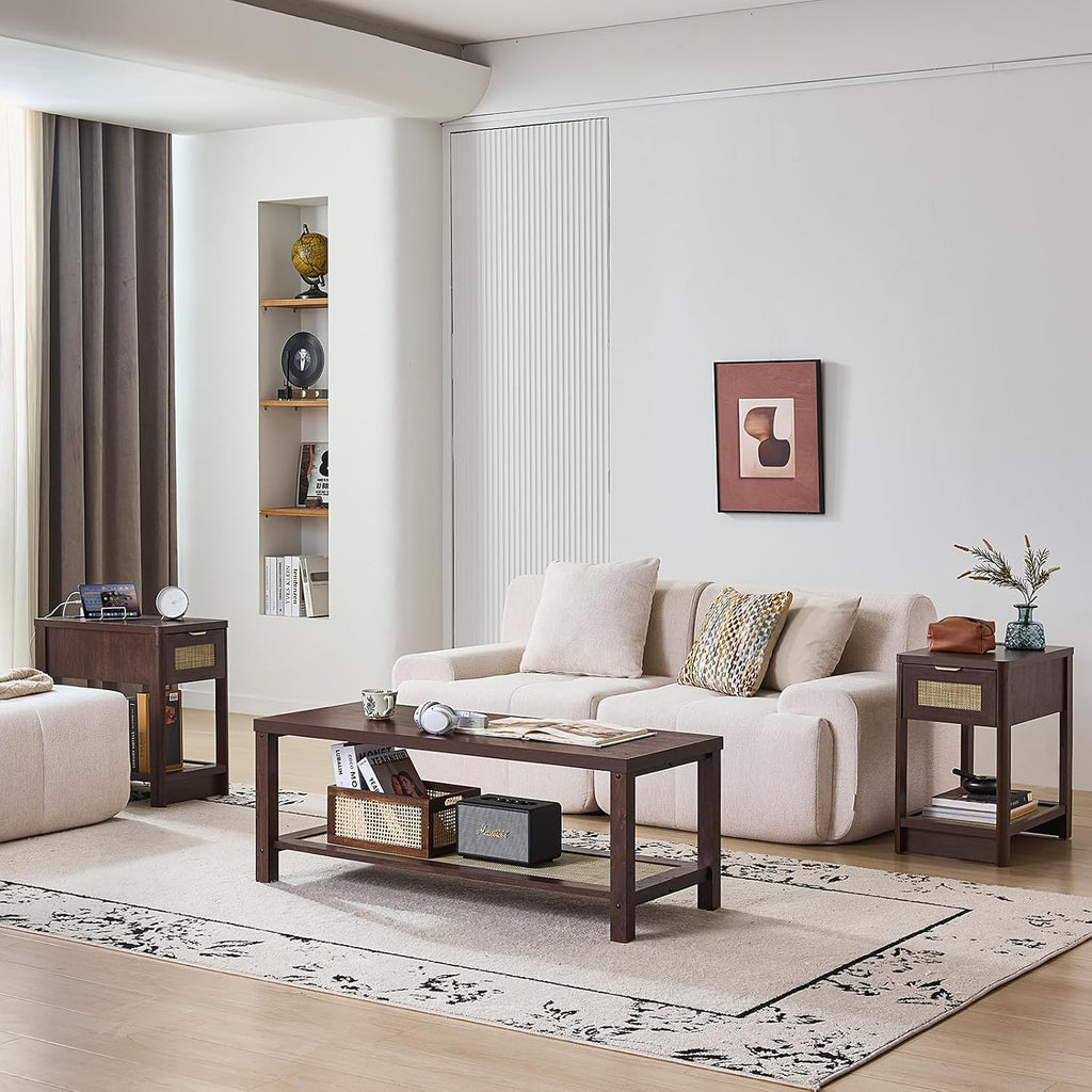 Lerliuo Boho Coffee Table Set of 3, Rattan Coffee and End Table Sets with Charging Station, Living Room Table Set with Open Shelf for Living Room, Walnut