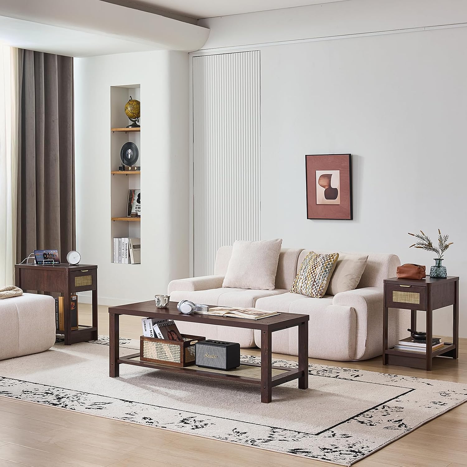 Lerliuo Boho Coffee Table Set of 3, Rattan Coffee and End Table Sets with Charging Station, Living Room Table Set with Open Shelf for Living Room, Walnut