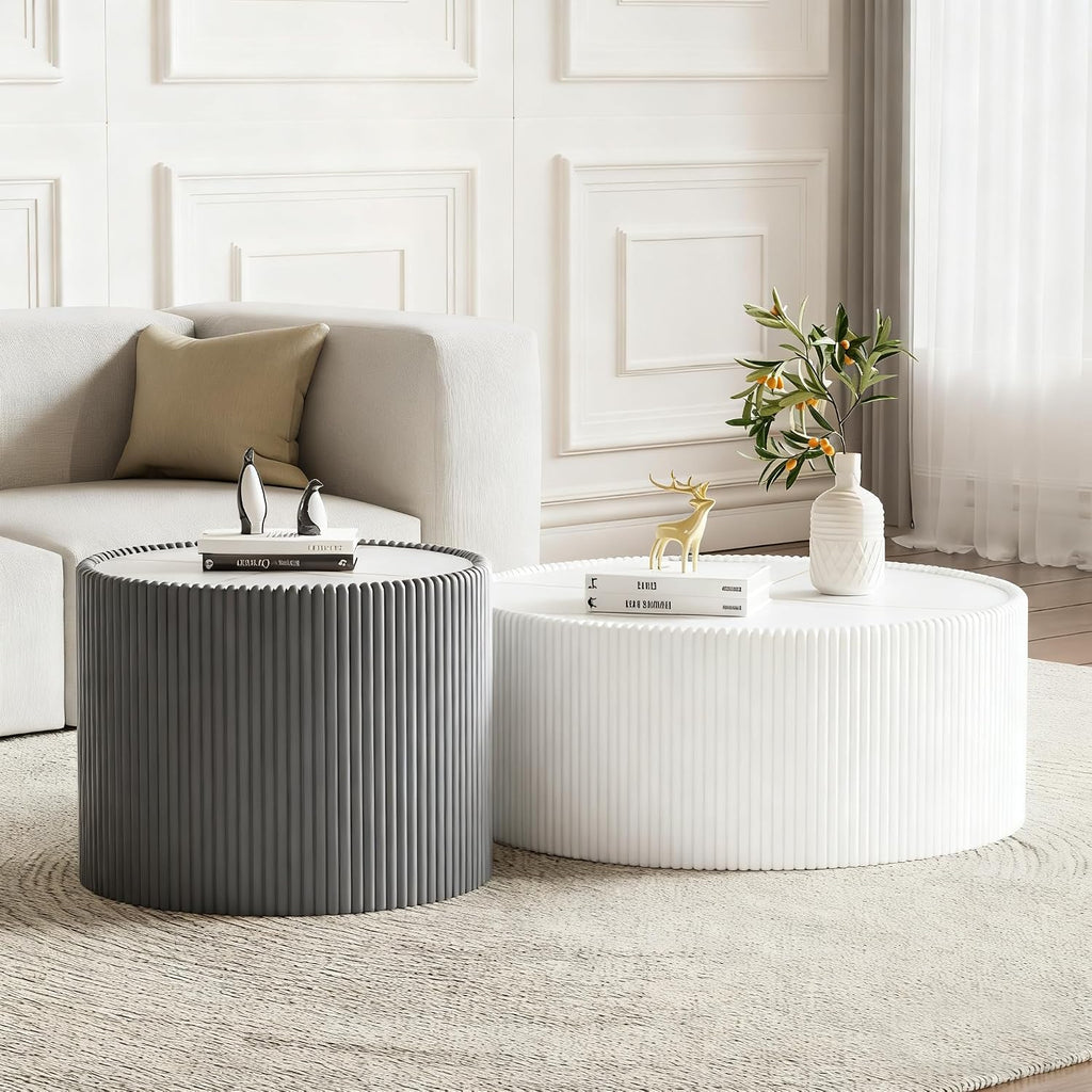 Modern Round Coffee Table Set of 2 Luxury Sintered Stone Top Coffee End Table in White/Grey Leatherette Drum-Shape Small Coffee Side End Tables for Living Room,Fully Assembled