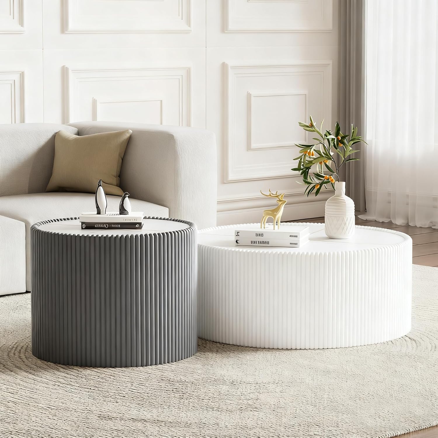Modern Round Coffee Table Set of 2 Luxury Sintered Stone Top Coffee End Table in White/Grey Leatherette Drum-Shape Small Coffee Side End Tables for Living Room,Fully Assembled