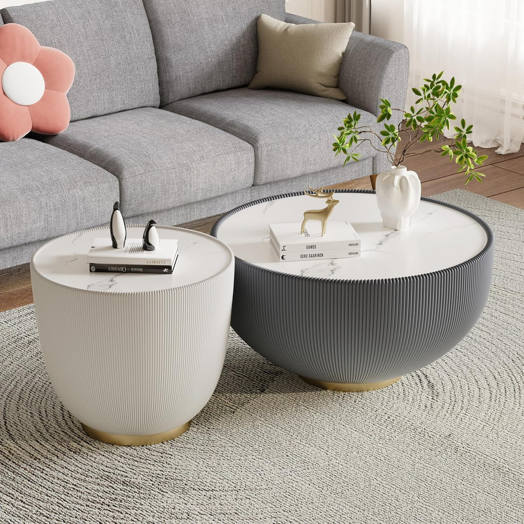 Round Coffee Table Set of 2, Sintered Stone Grey Coffee Table with White End Table, Nesting Tables for Living Room, Accent Side Table for Apartment Home Office, No Need Assembly