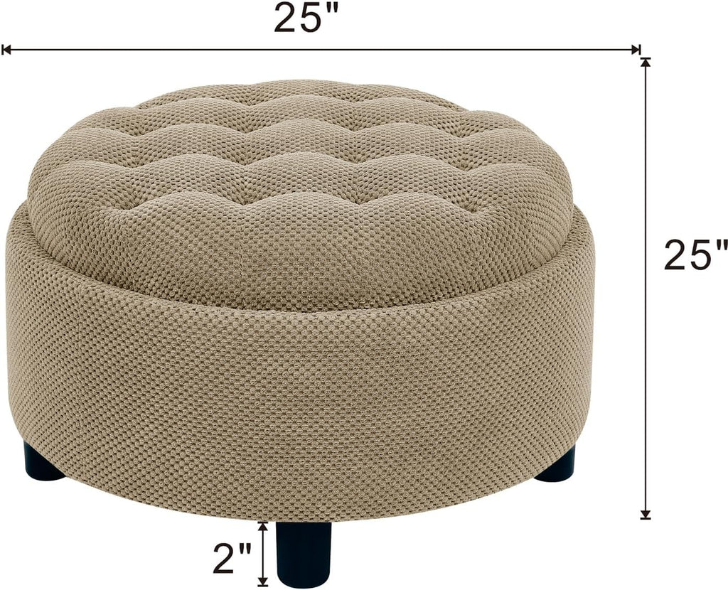 Round Storage Ottoman with Reversible Tray Lid, 25' Upholstered Button Tufted Coffee Table with Storage Foot Rest Stool for Living Room, Bedroom, Entryway, Camel