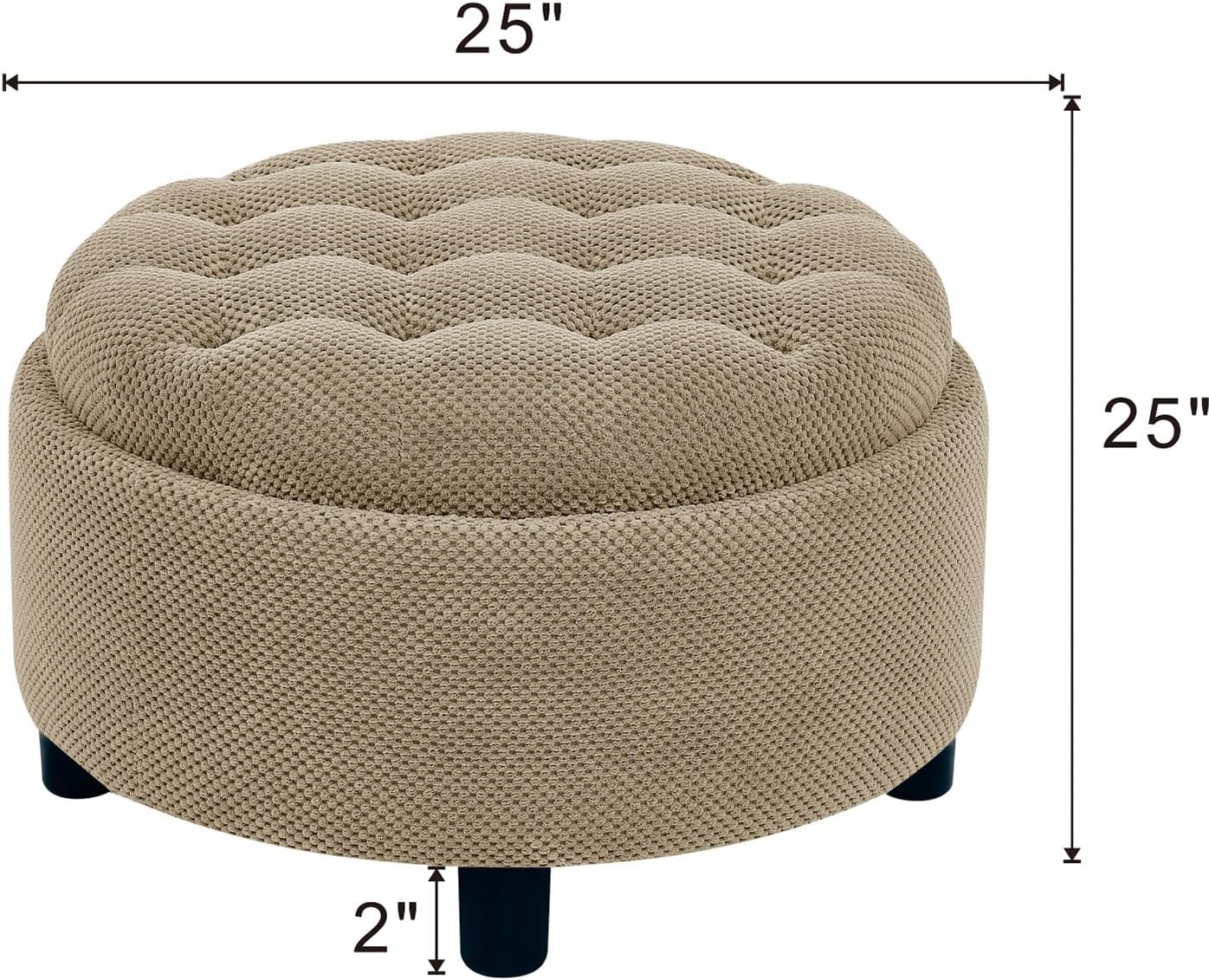 Round Storage Ottoman with Reversible Tray Lid, 25' Upholstered Button Tufted Coffee Table with Storage Foot Rest Stool for Living Room, Bedroom, Entryway, Camel